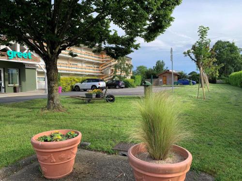 two potted plants sitting in the grass in front of a building at greet Hotel Belleville en Beaujolais A6 in Belleville-sur-Saône