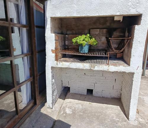 een plant in een pot op een bakstenen open haard bij Cabañas Brisa's in Santa Vitória do Palmar