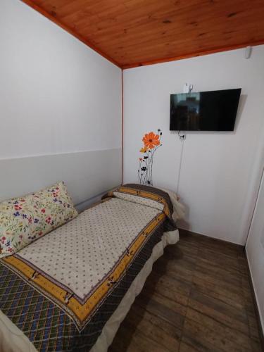 a small bedroom with a bed and a flat screen tv at Cabañas a 5 minutos del río in Alta Gracia