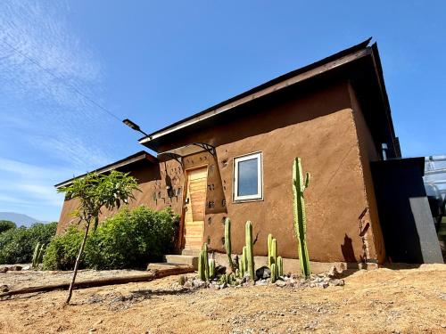 une maison avec un cactus en face dans l'établissement Casa-jardín Luz de Botellas -piscina-jacuzzi-sauna, 