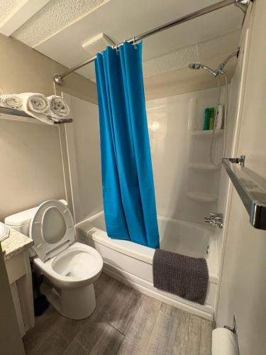 a bathroom with a toilet and a blue shower curtain at Renovated with Modern and Farmhouse Decor 5 in Calgary