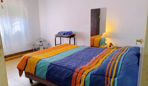 Casa céntrica Yrigoyen في سانتا روزا: غرفة نوم مع سرير وبطانية ملونة