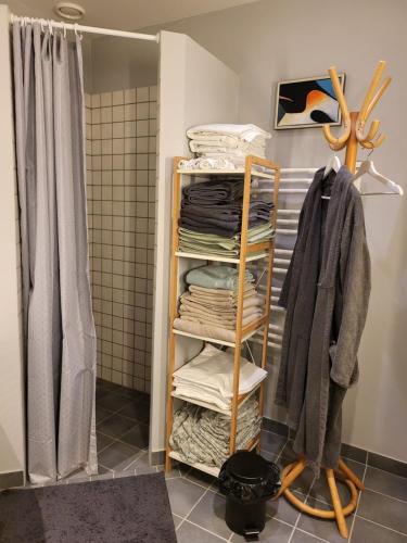 a towel rack with towels on it in a bathroom at Johanna's have in Fåborg