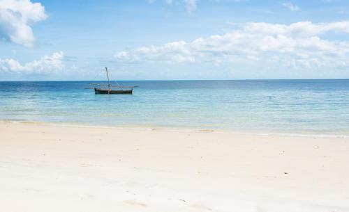 a boat sitting in the water on a beach at Butiama Beach Lodge in Kilindoni