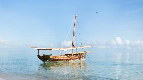 a boat sitting in the water on the beach at Butiama Beach Lodge in Kilindoni