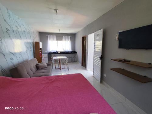 a bedroom with a bed and a couch and a tv at Casa Mineira - Flats novos em Ponta de Mangue - Maragogi in Maragogi