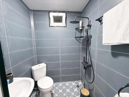 a blue bathroom with a toilet and a sink at Panorama Akutsa in Gulebi