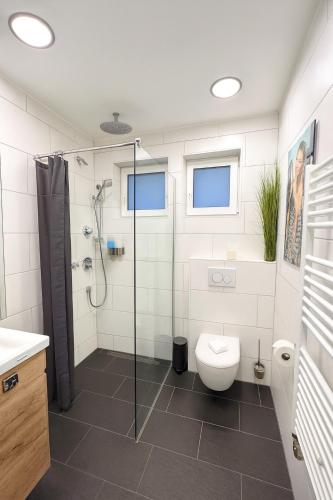 a bathroom with a glass shower and a toilet at Porschenahe Wohung in Stuttgart
