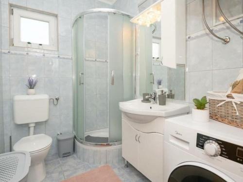 a bathroom with a toilet and a shower and a sink at Stella with pool & heated jacuzzi in Zmijavci