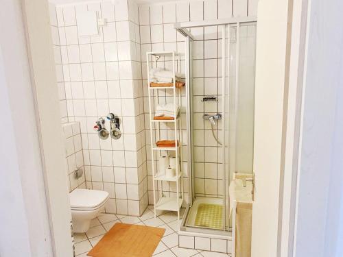 a bathroom with a shower and a toilet at Comfort Apartment in Rösrath in Rösrath
