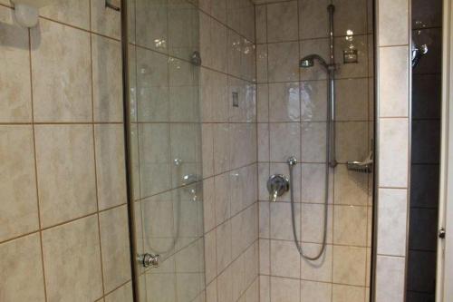 une salle de bain avec une douche avec une porte vitrée dans l'établissement Ferienwohnung Haus Michel, 90 Qm, à Uhldingen-Mühlhofen