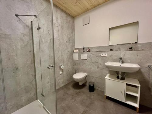 a bathroom with a toilet and a sink and a shower at FeWo 1 Heudorfer in Schlier