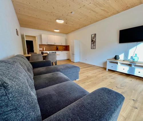a living room with a couch and a tv at FeWo 1 Heudorfer in Schlier