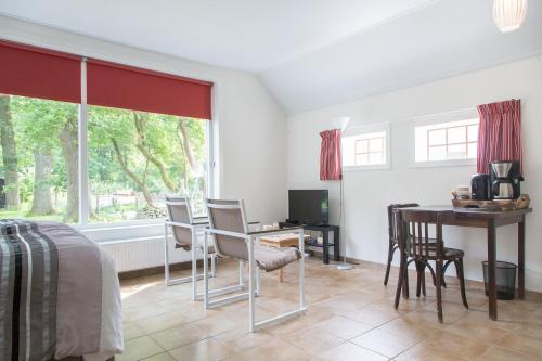 a bedroom with a table and chairs and a desk at Bed & Breakfast Orvelte in Orvelte