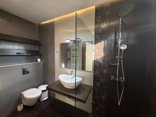 Un baño con inodoro, lavabo y ducha. en Yarema Forest House, en Yarema residence zone