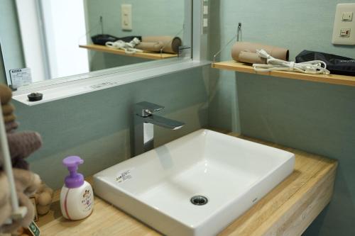 a bathroom with a white sink and a mirror at フォレスタ風影山荘 in Hanno