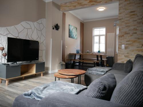 a living room with a couch and a flat screen tv at Ferienwohnung Abzuchthafen in Goslar