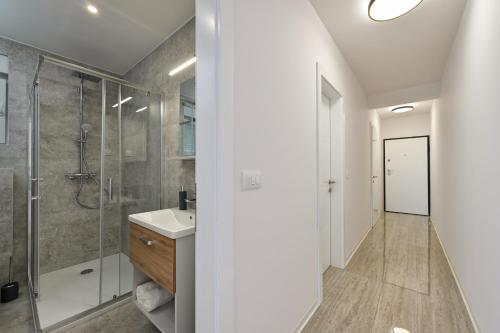 een badkamer met douche en wastafel bij Apartment Amarilis in Mandre