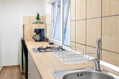 a kitchen counter with a sink and a window at Apartament Cetate in Alba Iulia