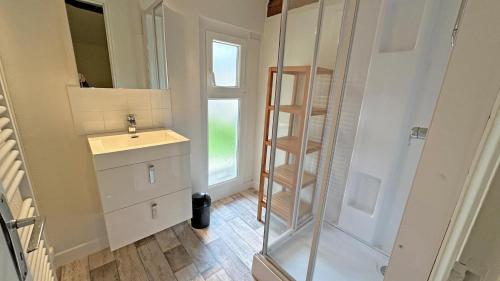 a bathroom with a shower and a sink at Gîte Les Champs N°3 in Saint-Mathieu