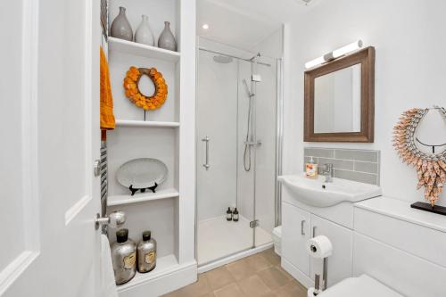 a bathroom with a shower and a toilet and a sink at Flat 1, 119 Northgate St - luxury 2 bedroom apartment apartment close to the town centre with paid parking close by in Bury Saint Edmunds