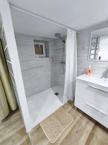 a white bathroom with a shower and a sink at Petit Suite Alegria in Ubrique