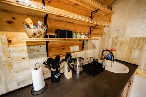 Una encimera de cocina con fregadero en una casa pequeña en House 28 Brezna, en Plužine