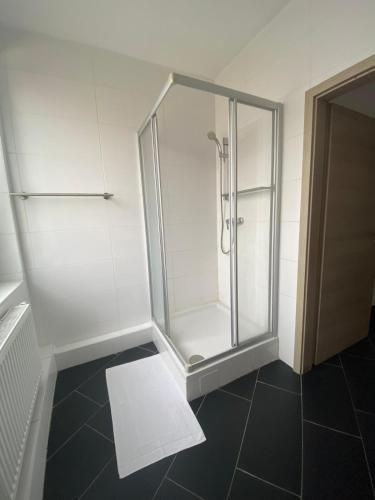 a shower in a bathroom with a glass shower stall at The City Apartment in Hannover