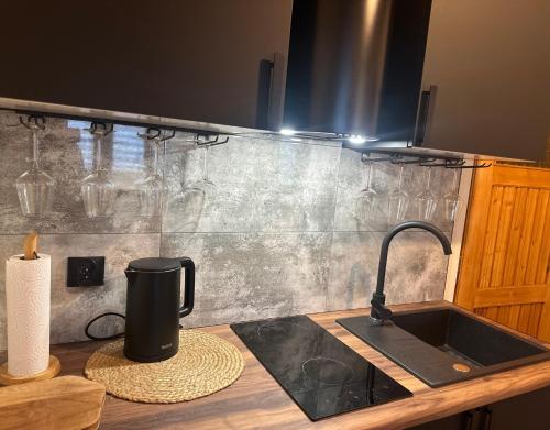 a kitchen counter with a sink and a coffee pot at Apartamenty 1000m npm Murzasichle in Murzasichle