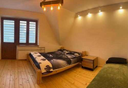 a bedroom with a bed and a window and a rug at Apartamenty 1000m npm Murzasichle in Murzasichle