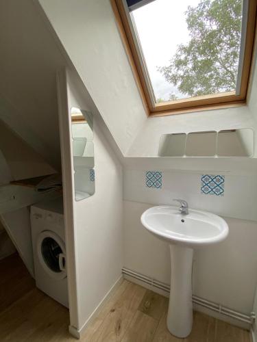 a bathroom with a sink and a window at Au bonheur des Anes - Gite Maya in Le Quesnoy-en-Santerre