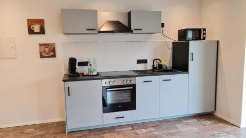 a kitchen with a stove and a refrigerator at Modernes Apartment im grünen in Kleines Wiesental
