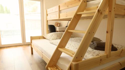 a bunk bed in a room with a ladder at Petříkovy Apartmány in Bulhary