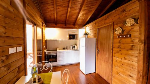 a kitchen with wooden walls and a white refrigerator at Casa Alfazema, Quinta Carmo - Alcobaça - Nazaré in Alcobaça
