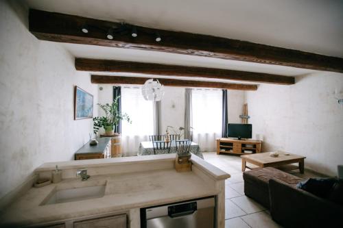 a kitchen and living room with a sink and a couch at Charming Village House in the Heart of Isle-sur-la-Sorgue in LʼIsle-sur-la-Sorgue