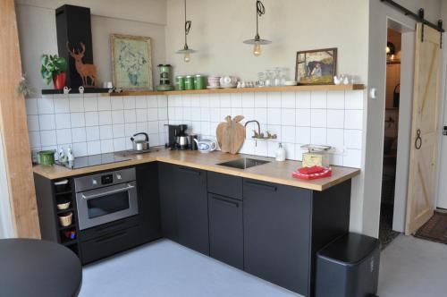 a small kitchen with a sink and a stove at Logement de Appelgaard in Culemborg