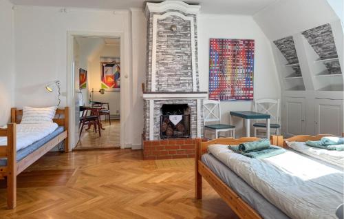 a living room with a fireplace and two beds at Gorgeous Apartment In Högsby With Wifi in Högsby