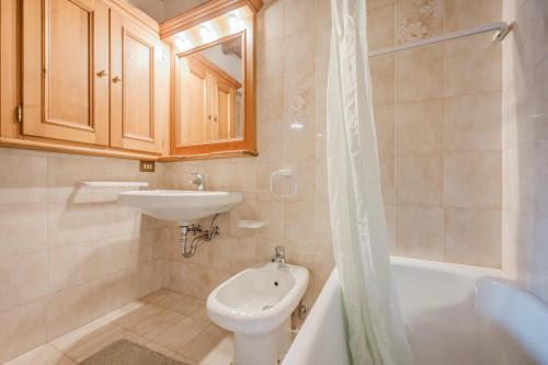 une salle de bain avec un lavabo, des toilettes et une douche dans l'établissement Ca' Alpini - Mountain View Terrace & Parking, à Cortina dʼAmpezzo
