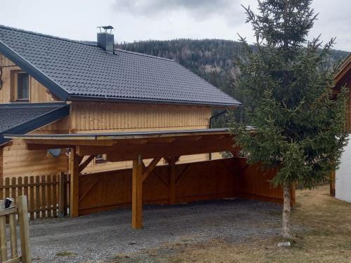 a large wooden house with a gambrel roof at Hüttendorf Flattnitz - Typ C in Flattnitz