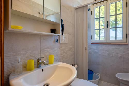 ein Badezimmer mit Waschbecken und Toilette und einem Fenster in der Unterkunft Villa degli Ulivi in San Pietro in Bevagna