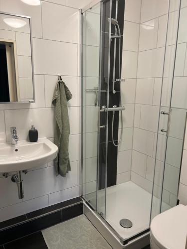 ein Badezimmer mit Dusche und Waschbecken in der Unterkunft Quartier 21 in Schortens
