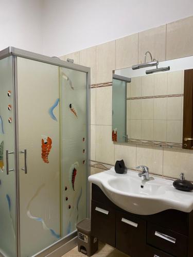 a bathroom with a sink and a shower with a mirror at Villa Sota Divjakë in Divjakë