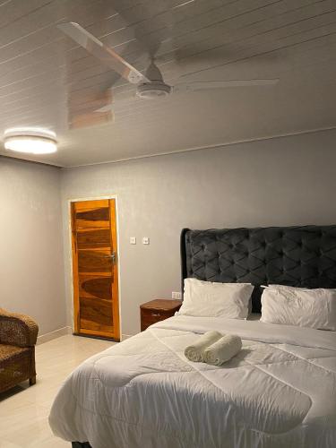 a bedroom with a large bed with a ceiling at Buffalo Bob Lodge & Tours in Livingstone