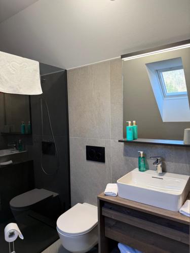 a bathroom with a sink and a toilet and a mirror at 4 Elements Glamping & Apartments in Bled