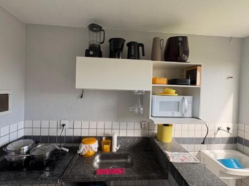 una cocina con fregadero y microondas en Bertholi Beira-Mar, en Serra
