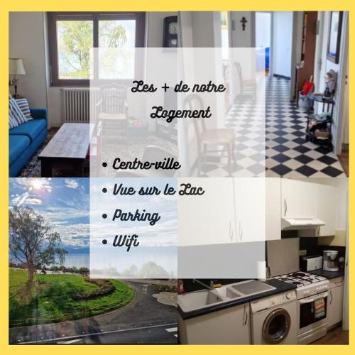 a collage of photos of a kitchen and a living room at Le Bellevue 2 in Thonon-les-Bains