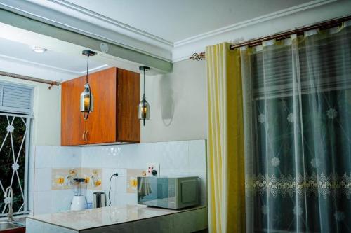 a kitchen with a counter top with a microwave at BougainVille in Fort Portal
