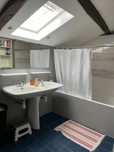 a bathroom with a sink and a shower at Chambre dans Maison basque typique in Amendeuix-Oneix