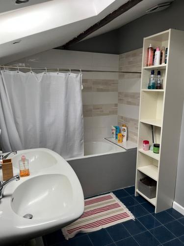 a bathroom with a sink and a shower and a tub at Chambre dans Maison basque typique in Amendeuix-Oneix