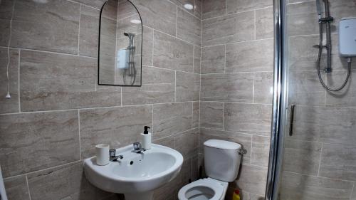 a bathroom with a toilet and a sink and a shower at Charming Studio in the heart of birmingham in Birmingham